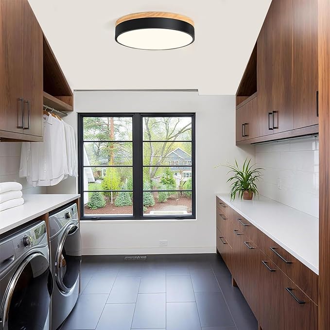 Modern Wood Flush Mount Ceiling Light, Black LED 5CCT 2700K-6000K Dimmable Ceiling Light Fixtures, Round Close to Lighting Fixture for Kitchen Entryway Hallway Bedroom Laundry Room-11.8in