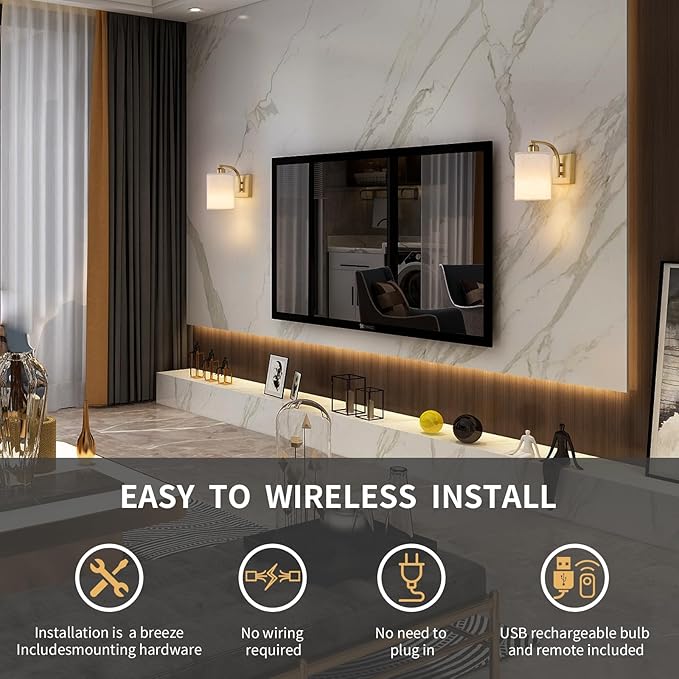 Powfloven Gold Rechargeable Battery Operated Wall Sconces Set of 2 with Remote, Wireless Dimmable Battery Powered LED Wall Lights, Cordless Wall Lighting Lamp Fixture for Bedroom Living Room