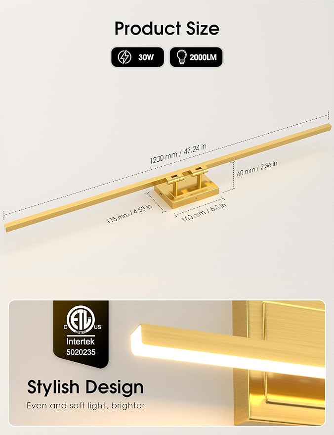 VOLISUN Bathroom Vanity Light 48 inch, 30W Dimmable 5CCT Led Bathroom Light Fixture Over Mirror, Gold Bar Vanity Light for Bathrooms-ETL Certificated