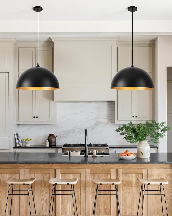 15.7" Black Pendant Lights Kitchen Island - Large Industrial Pendant Light Gold Interior Dome Hanging Light for Dining Room, Bedroom