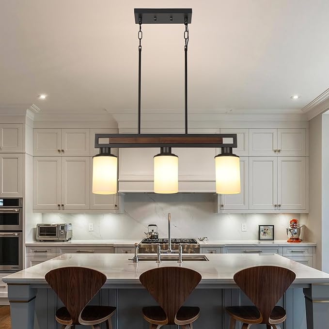 Farmhouse Dining Room Light Fixture, 3-Light Wood Kitchen Island Lighting for Dining Room Over Table, Black Adjustable Pendant Light with Milk Glass Shades, Linear Chandeliers Lighting for Kitchen