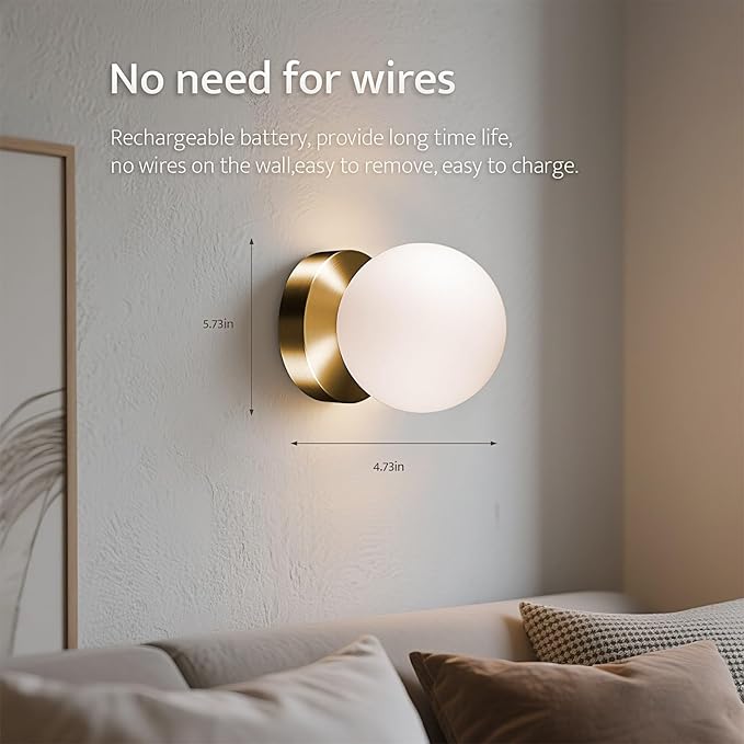 Battery Operated Wall Sconce, Dimmable Wireless Gold Wall Lamp with 5200mAh Rechargeable Battery, Portables Cordless Wall Light Fixtures for Painting Living Room Bedroom Bathroom Hallway Decor