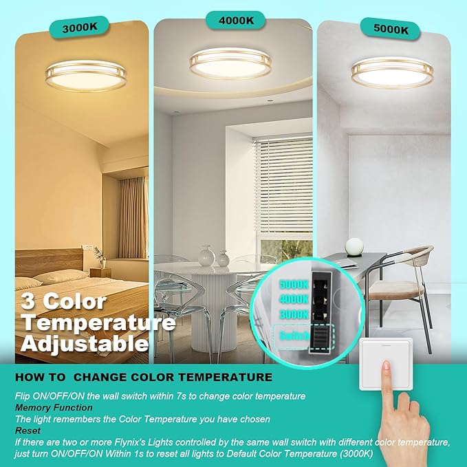13 Inch LED Flush Mount Ceiling Light Fixture, 26W, Super Bright 1700 Lumens, 3 Color 3000K/4000K/5000K, Dimmable Ceiling Lamp for Bedroom Hallway Bathroom Kitchen Laundry (White Gold)