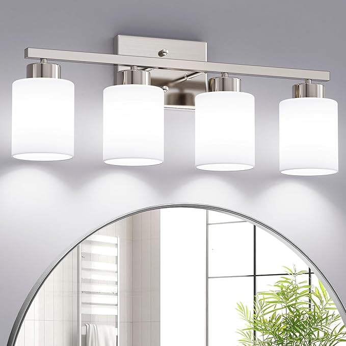 PARTPHONER 4-Light Brushed Nickel Bathroom Light Fixtures, Modern Vanity Light Over Mirror Lighting, Wall Sconce with Frosted Milky White Glass Shades for Bedroom Living Room Kitchen Hallway