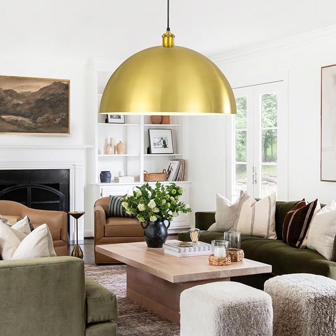 Gold Pendant Light, 20" Farmhouse Ceiling Light with Gold and White, Elegant Semi-Circular Shade Design, Adjustable Height Industrial Dome Pendant Lights for Kitchen Island, Dining Room
