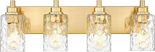 4-Light Bathroom Light Fixtures, 24.5 Inch Brushed Gold Vanity Lights with Clear Hammered Glass Cylinder Shade, Modern Vanity Lighting Fixture Over Mirror, VL198-BG-4