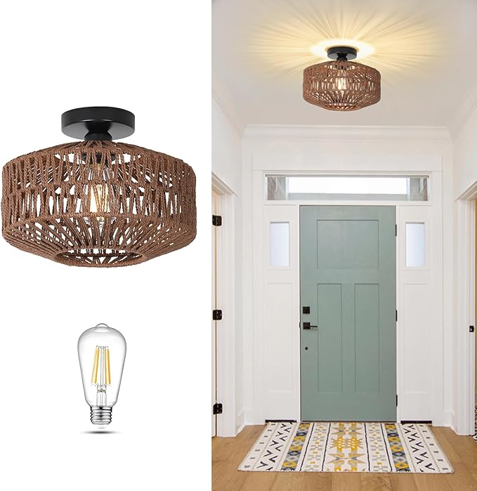 Boho Rattan Light Fixtures, Dimmable Ceiling Light with LED Bulb, Hand Woven Rattan Chandelier for Bedroom, Living Room, Entryway (Dark Brown)