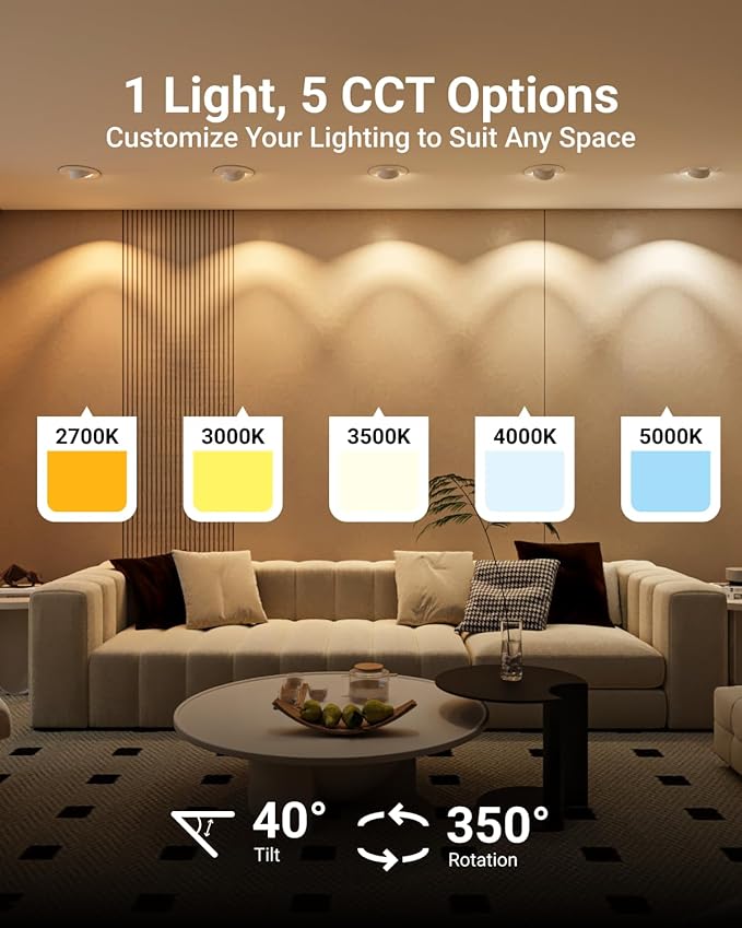 Sunco 5/6 Inch LED Can Lights Retrofit Recessed Lighting, Gimbal Downlight Adjustable, 800 LM, 12W=60W, Selectable CCT 2700K/3000K/3500K/4000K/5000K, Dimmable, Damp Rated UL.