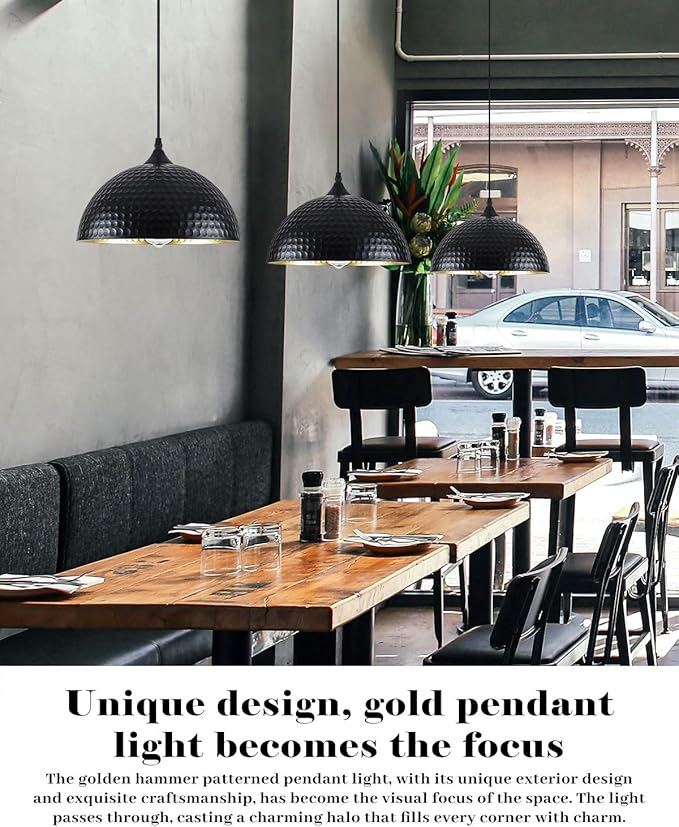 Black Pendant Lights Kitchen Island 3 Pack, 12 Inch Hammered Dome Pendant Light, Farmhouse Kitchen Pendant Lights, Industrial Hammered Pendant Light for Kitchen, Dining Room, Barn
