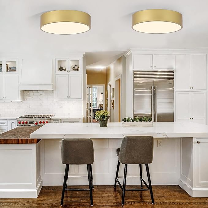 Modern Gold Flush Mount Ceiling Light Fixture,Contemporary 2-Light Round Ceiling Lights with White Acrylic Shade for Hallway,Foyer,Entryway,Closet, Porch,Kitchen(11.8")