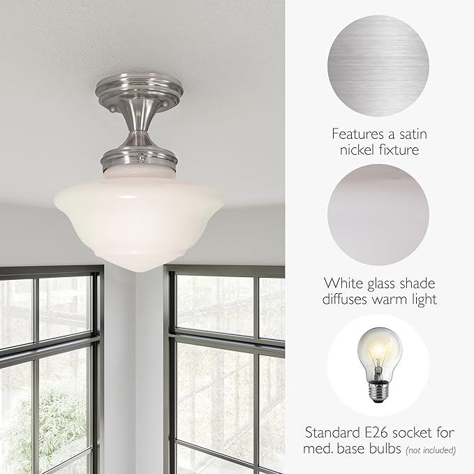 Design House Vintage-Inspired Schoolhouse Semi-Flush Mount Ceiling Light, 9 in x 9 in x 10 in, Satin Nickel, White Glass Shade, 577494