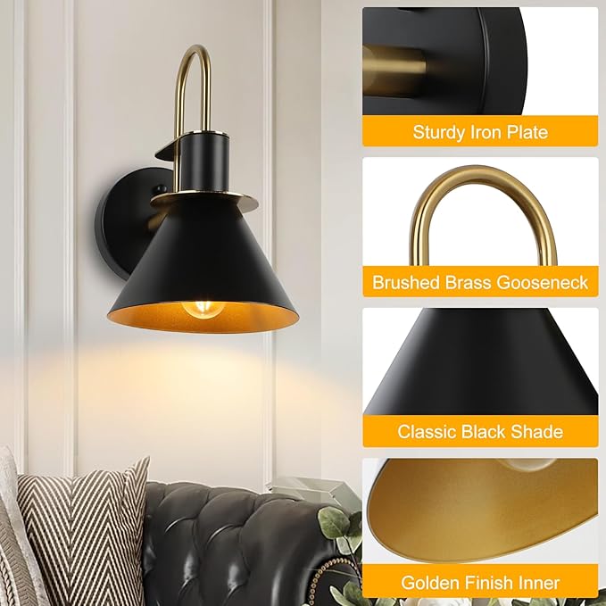 WILON Gold and Black Wall Sconces Set of Two, Modern Farmhouse Wall Light Fixture, Industrial Indoor Wall Lamp for Bathroom Kitchen Sink Bedroom Living Room Bedside Hallway