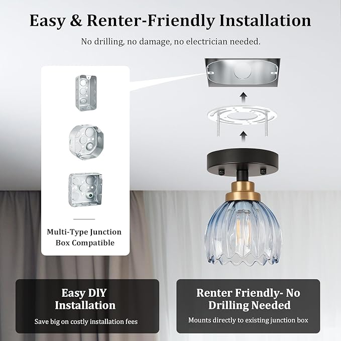 TALOYA Semi Flush Mount Ceiling Light,4 Pack Close to Ceiling Light Fixtures with Blue Tulip Glass Shades Modern Farmhouse Lighting Fixtures for Hallway Corridor Kitchen Bathroom Bedroom Passway