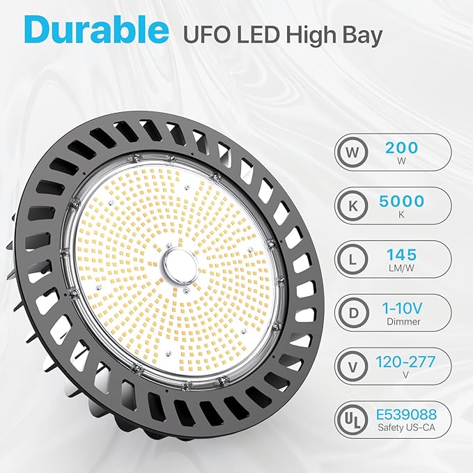 HYPERLITE LED UFO High Bay Lights 250W 36,250lm 1-10V Dimmable 5000K 5' Cable with 110V Plug Hanging Hook Safe Rope UL Listed for Shopping Mall Stadium Exhibition Hall