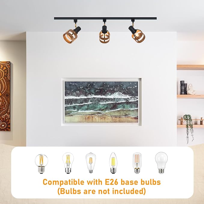Modern H-Type Track Lighting, Black Adjustable Heads with Real Walnut Wood Lampshade and Brass Swivel, for Accent Retail-Pack of 3, E26 Base
