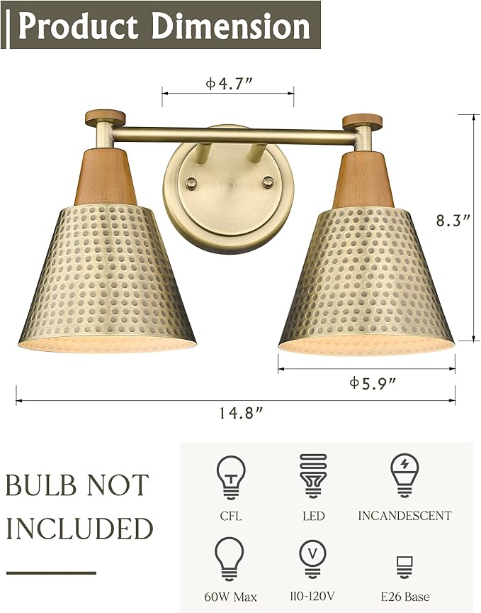 FEMILA Bathroom Light Fixtures, 2-Light Bathroom Vanity Lights Over Mirror, Antique Gold Wall Sconces, Hammered Metal Shade, 4FG59B-2W BG
