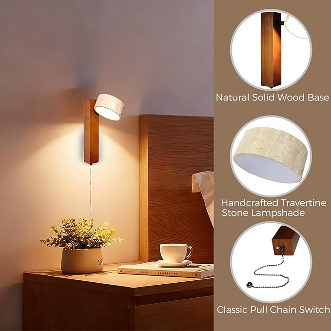 LED Wood Wall Sconce with Pull Chain Switch, Black Walnut Base with Rotatable Yellow Travertine Stone Lampshade, Built-in LED Light, Modern Rustic Bedside Wall Light for Bedroom, Living Room, Hallway