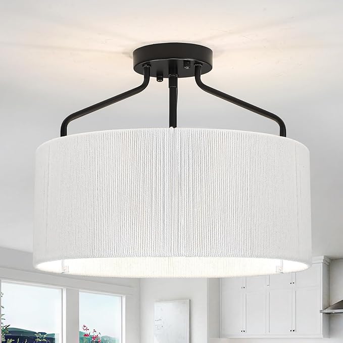 Rattan Black Ceiling Light Fixtures Flush Mount 3 Lights Boho Semi Flush Mount Ceiling Light with Shades White Drum Chandelier Close To Ceiling Light for Bedroom Living Room Kitchen Hallway Entryway