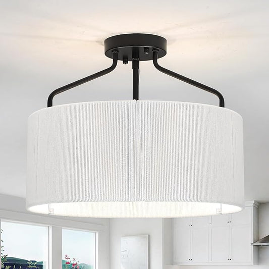 Rattan Black Ceiling Light Fixtures Flush Mount 3 Lights Boho Semi Flush Mount Ceiling Light with Shades White Drum Chandelier Close To Ceiling Light for Bedroom Living Room Kitchen Hallway Entryway