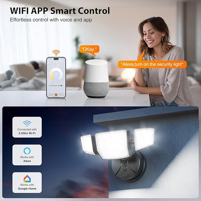 Onforu 65W Smart LED Flood Lights Outdoor, 6500LM Brightness Adjustable, APP Control Tunable 2700K-6500K, WiFi Alexa Security Lights with Timer & 4 Lighting Head, Exterior Floodlight for Yard Garage