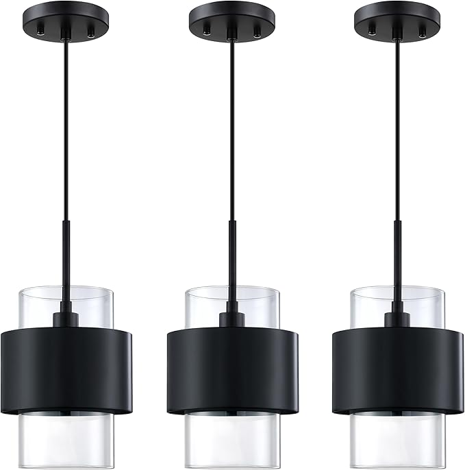 3 Pack 1 Light Hanging Indoor Kitchen Island 6" Drum Clear Glass Shade Pendant Ceiling Light Fixtures,Black Finish Modern Farmhouse Dinning Over Sink
