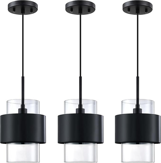 3 Pack 1 Light Hanging Indoor Kitchen Island 6" Drum Clear Glass Shade Pendant Ceiling Light Fixtures,Black Finish Modern Farmhouse Dinning Over Sink