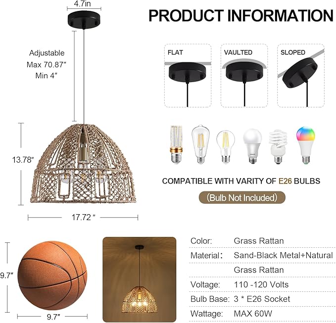 17.71" Rattan Pendant Light,Boho Hand Woven Wicker Hanging Light Seagrass Rattan Chandelier for Dining Living Bedroom