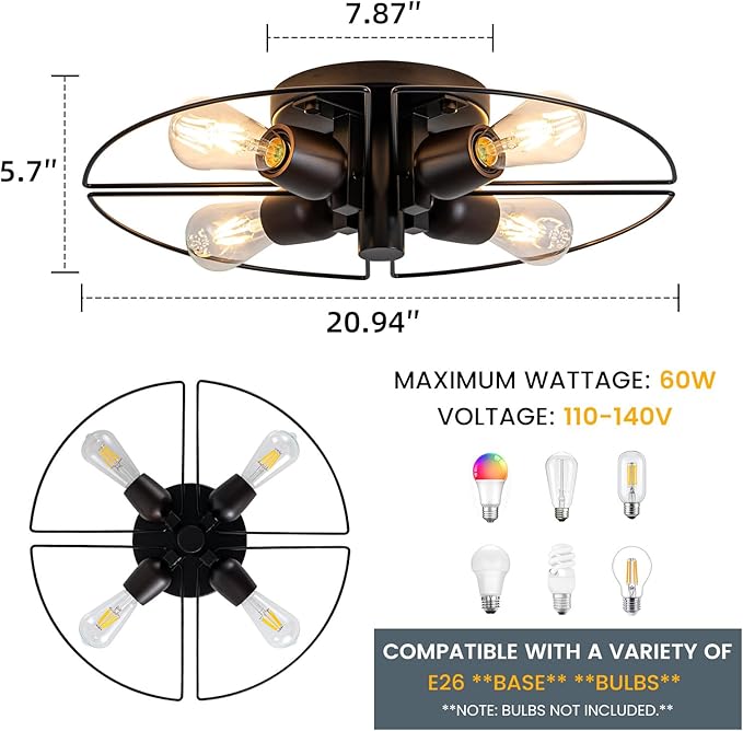 4 Light Sputnik Light Fixture Black Flush Mount Lights Industrial Ceiling Light Wood 21" Modern Farmhouse Ceiling Lights for Kitchen Bedroom Bathroom Foyer Hallway(E26)