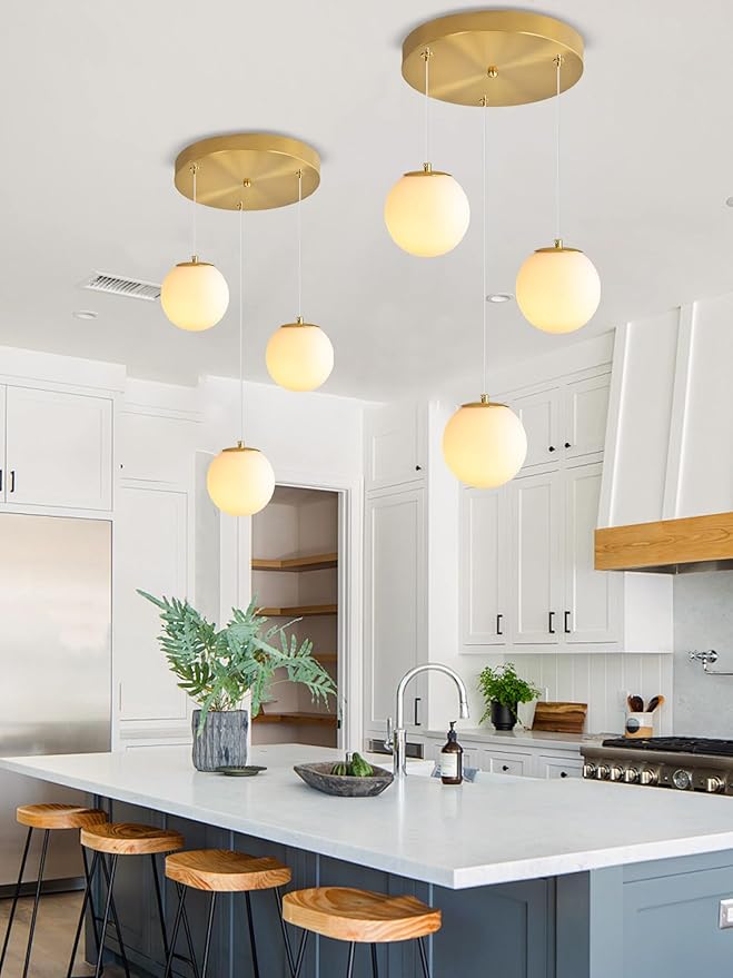ykolupty 3-Light White Globe Glass Pendant Light Modern Gold Chandelier White Glass Pendant Chandelier for Dining Room Kitchen Island Foyer Hallway