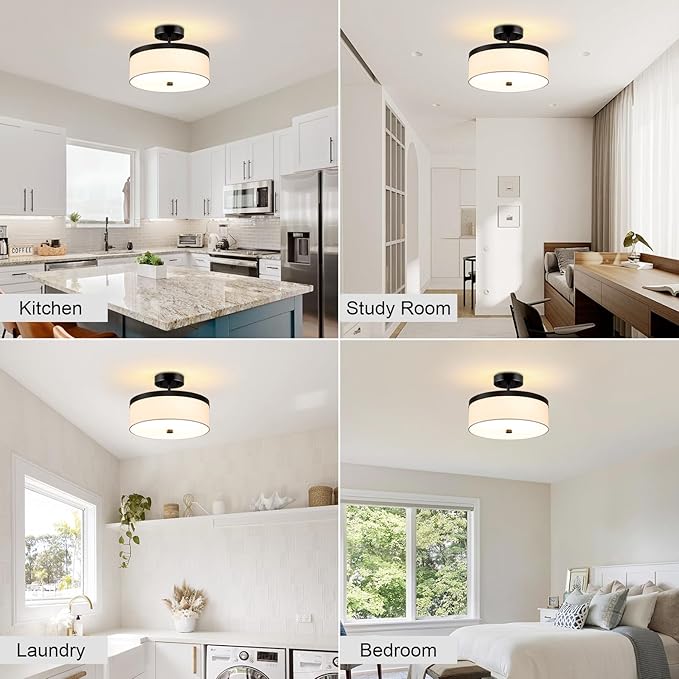 Semi Flush Mount Ceiling Light,12”Hallway Light Fixtures with White Fabric Shade,3-Light Black Modern Drum Flush Mount Ceiling Light for Bedroom,Hallway,Kitchen Island,Laundry