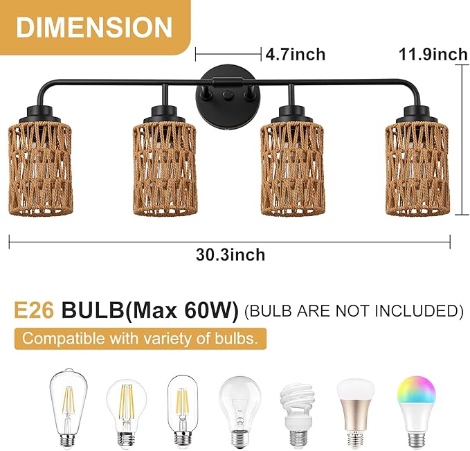 Bathroom Vanity Light, 4-Lights Boho Bathroom Light Fixtures Over Mirror with Rustic Handwoven Shades 30 inch Farmhouse Wall Sconce Lighting