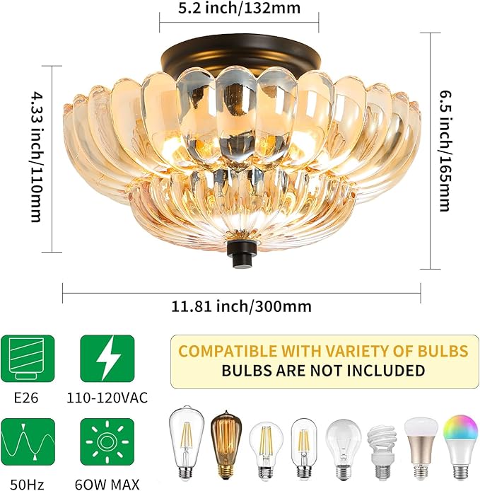 Semi Flush Mount Ceiling Light Fixture Vinatge Black Ceiling Lights Mid Century Modern Glass Close to Ceiling Lighting Fixtures for Bedroom Hallway Foyer Bathroom Kitchen Laundry Room Nursery