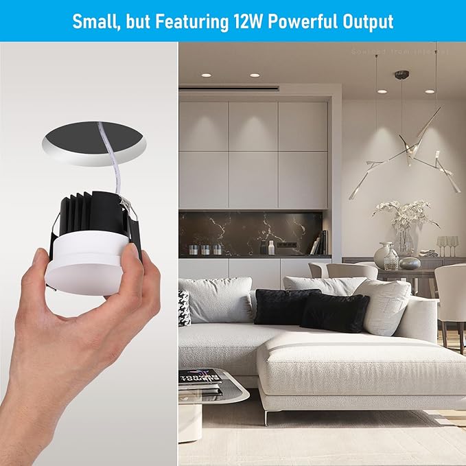 TORCHSTAR 5CCT Trimless 3 Inch LED Recessed Light, 12W Canless Dimmable LED Downlights with J-Box, Anti-Glare Semi-Recessed Downlight, 2700K/3000K/4000K/4500K/6500K Selectable, CRI 90, Pack of 2