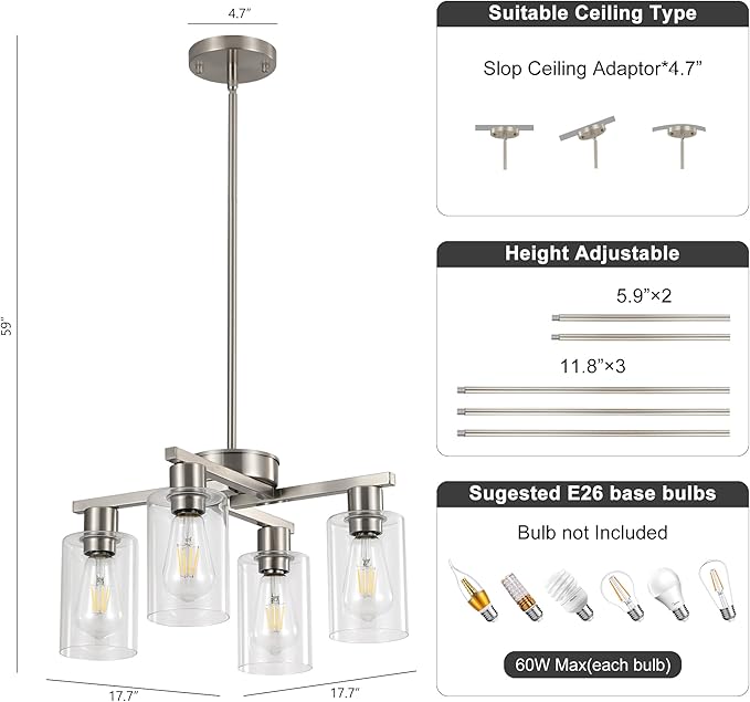 4-Light Brushed Nickel Dining Room Light Fixture, Modern Industrial Kitchen Chandelier Over Table, Adjustable Height Hanging Pendant Light for Kitchen Island, Entryway with Clear Glass Shade
