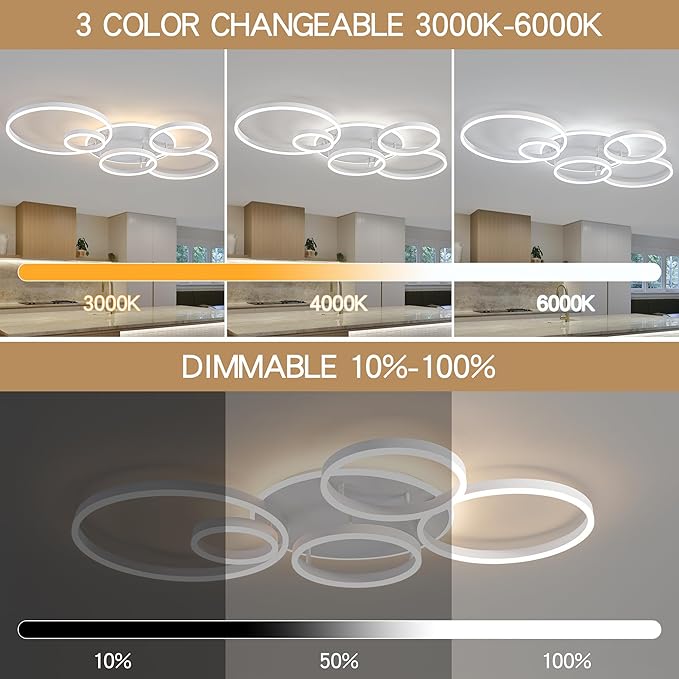 O'NEELDY Modern LED Ceiling Light White Flush Mount Ceiling Lights Fixtures Dimmable 47" Dining Room Light Fixture with Remote 6 Rings Kitchen Lighting Fixtures Ceiling Lamp for Bedroom,Living Room