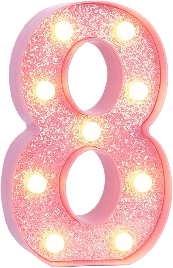 Pink Light Up Marquee Numbers, Glitter LED Number Lights Signs Battery Operated for Girls 8th 18th 28th Pink Birthday Party Table Decorations, 8 Inch Tall Number 8 with Warm White Lights