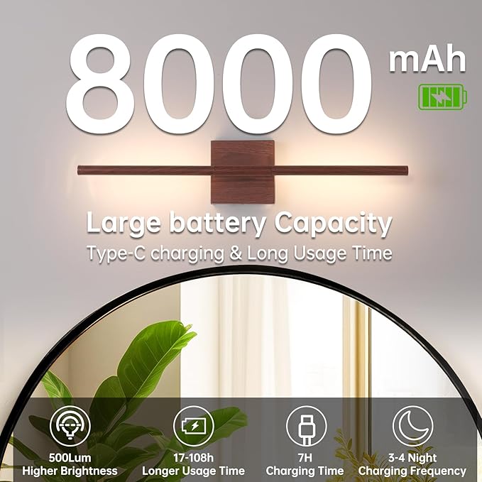 Shenmoyl Battery Operated Wall Sconce Set of 2, 8000mAh Rechargeable Wall Sconces, 3000K-6000K Dimmable, 350°Rotate, Indoor Wall Lights for Bedroom Living Room Bathroom, Black Walnut, 23.6 Inch
