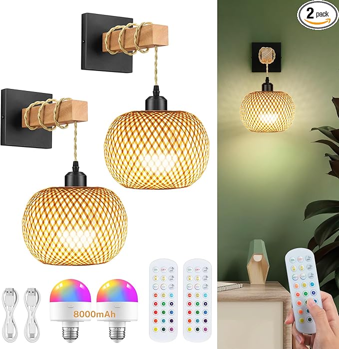 Battery Operated Wall Sconce with Remote Set of 2, Rechargeable Rattan Wall Sconces with 8000mAh Bulbs, Woven Bamboo Wall Light/Lamp Boho Wall Sconce for Bedroom (Black)