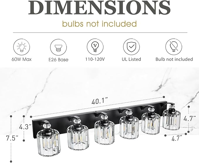 6-Light Black Bathroom Light Fixture Modern Vanity Lights Over Mirror Vintage Wall Sconce Lighting for Bathroom, Bedroom, Living Room, Hallway E26 Base with Crystal Bathroom Vanity Light