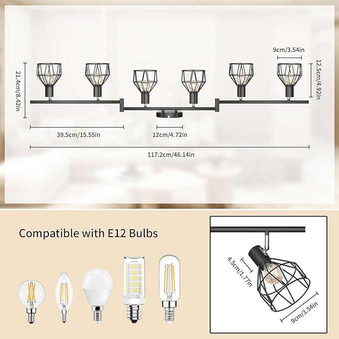 GORDNWE 6-Light Track Kits, Adjustable Track Fixtures - E12 Metal Wire Cage Retro Ceiling Lighting - Black for Kitchen, Living Room, Bedroom