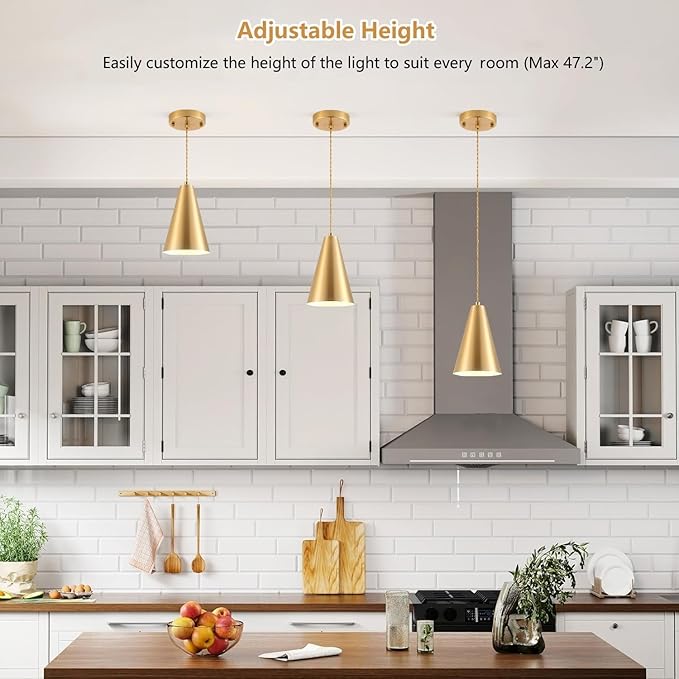 Gold Pendant Lights, 3 Pack Vintage Farmhouse Hanging Lamp Modern Brass Rustic Pendant Lighting Fixtures for Kitchen Island Dining Room Bedroom Hallway