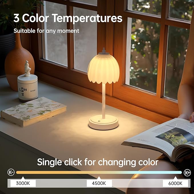 Shenmoyl Tulip Table Lamp with 5200mAh Battery & Touch Control, Cordless Small Table Lamp with 3 Colors, Dimmable Rechargeable Table Lamps for Living Room, Bedroom, Bedside (White Tulip & White Base)