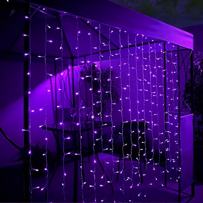 WATERGLIDE 300 LED Curtain Lights, Remote Control Christmas Hanging String Lights, 8 Lighting Mode, Plug in for Indoor Outdoor Halloween Holiday Party Garden Backdrop Wedding Home Decor, Purple