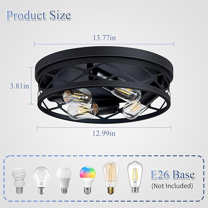 4-Light Farmhouse Ceiling Light Fixture,14 inch Hallway Lighting Fixtures Ceiling,Light Fixtures Ceiling Mount for Kitchen,Entryway,Hall,Bedroom E26 Base