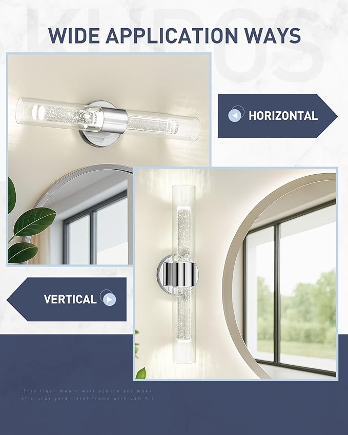 kudos Brushed Nickel Modern Sconces Wall Lighting,2 Pack LED Bathroom Vanity Light Fixtures with Crystal Bubble and Clear Glass, 3000K/4500K/6000K Adjustable, KDVL05-BN-2-2PK
