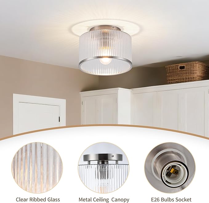 MAYNA Modern Nickel Semi Flush Mount Ceiling Light Fixture, 1-Light Glass Ceiling Light, Hallway Light Fixtures Ceiling Mount for Kitchen Entryway Bedroom Laundry Room