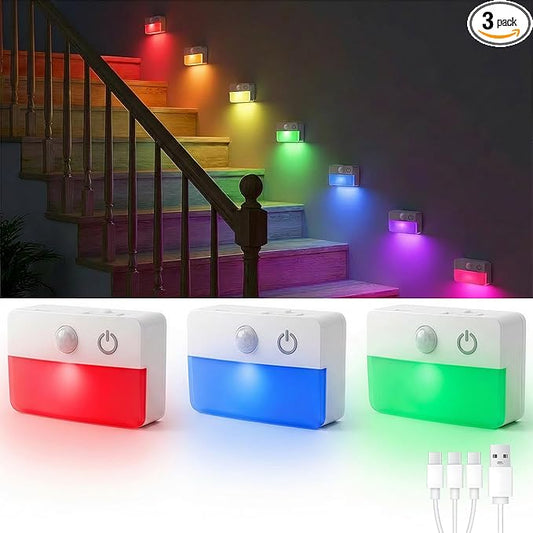 3 Pack Rechargeable Motion Sensor Stair Lights for Indoor, Wireless RGB Battery Operated Night Light, Magnetic Led Stick On Portable Lamp for Step Hallway Closet Under Cabinet Bedroom Kitchen Bathroom