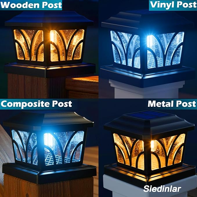 SIEDiNLAR Solar Post Cap Lights Outdoor, Aluminum Glass 2 Modes Edison LED Bulbs for 4x4 5x5 6x6 Vinyl/Wooden Posts Patio Deck Fence Decor, Warm White/Cool White Lighting 4 Pack (Black)
