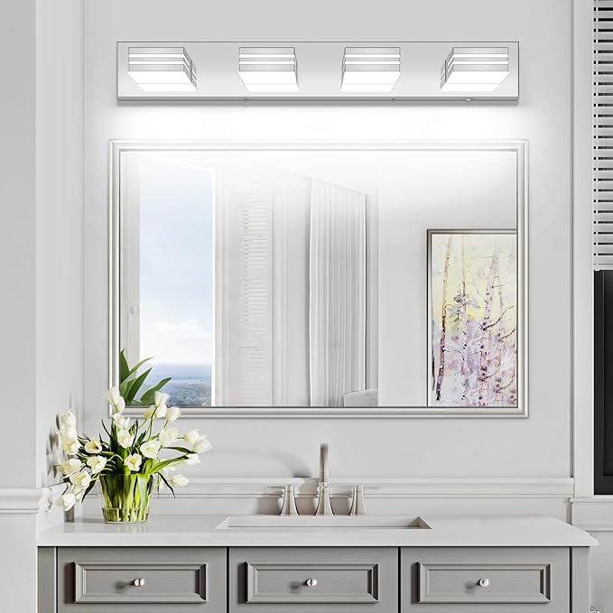 LED Modern Bathroom Vanity Light Fixtures (4-Light, 30-Inch)(5CCT, Dimmable), Chrome Modern Bathroom Wall Lighting Fixtures Over Mirror (3000K/3500K/4000K/5000K/6000K)