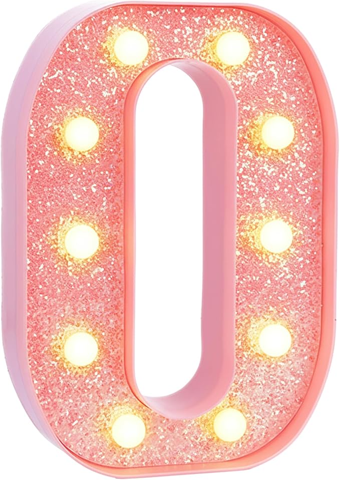 Pink Marquee Light Up Letters, Glitter Alphabet LED Letter Lights for Pink Birthday Party Decorations, Battery Operated Letter Sign for Girls Room Vanity Table Decor, Warm White Lights Letter O